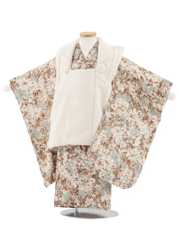 七五三レンタル(3歳女児被布)S077 ベージュ×水色洋花