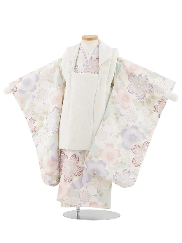 七五三 七五三レンタル(3歳女児被布)4864 白刺繍花丸×黄緑 扇と古典花