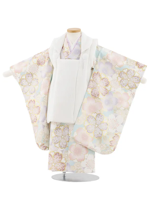 七五三レンタル(3歳女児被布)S082 オフホワイト×ペールブルー ゴールド桜