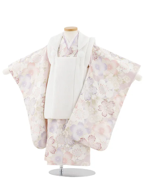 七五三レンタル(3歳女児被布)S083 オフホワイト×ペールパープル シルバー桜