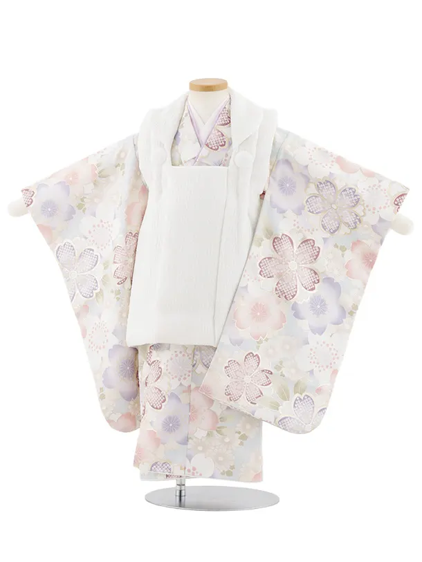 七五三レンタル(3歳女児被布)S084 オフホワイト×ペールブルー シルバー桜