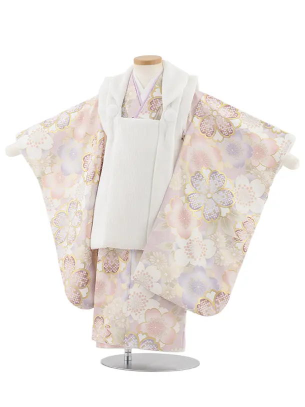 七五三レンタル(3歳女児被布)S085 オフホワイト×ペールパープル ゴールド桜