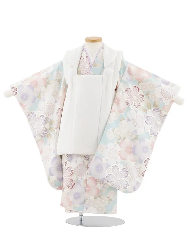 七五三レンタル(3歳女児被布)S086 オフホワイト×ペールブルー シルバー桜