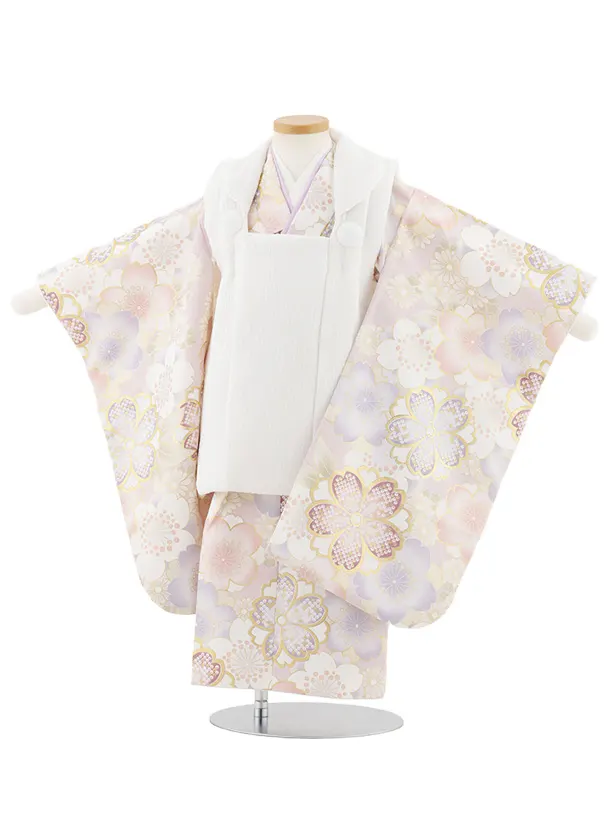 七五三レンタル(3歳女児被布)S087 オフホワイト×ペールパープル ゴールド桜