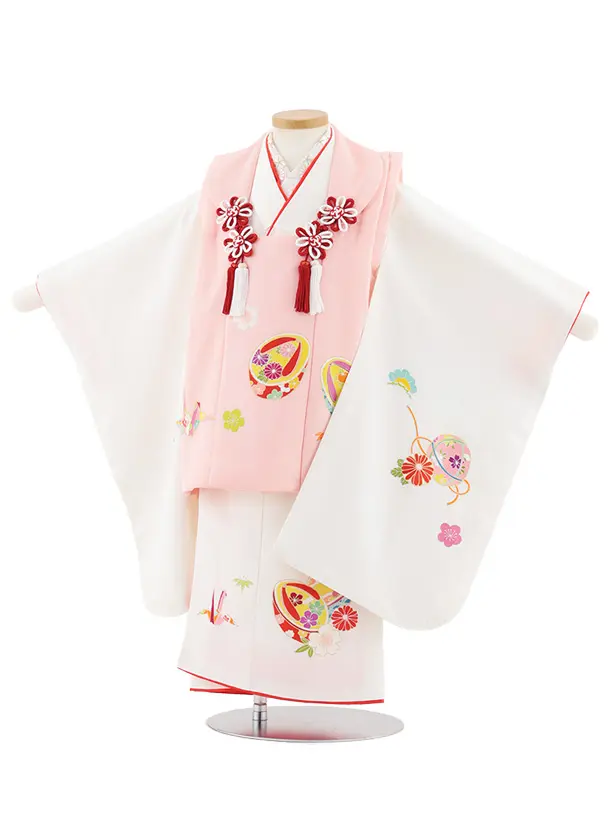 七五三レンタル(3歳女児被布)S089【正絹】ピンク×白 こっぽりに折り鶴