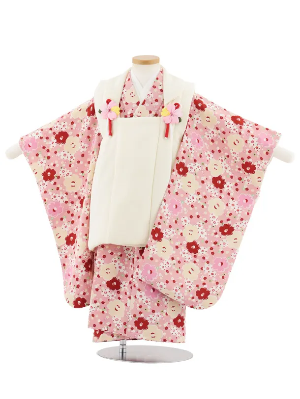 七五三レンタル(3歳女児被布)S097 オフホワイト×ピンク ちりめん椿梅