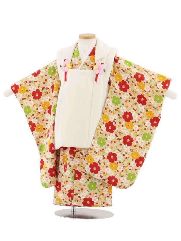 七五三レンタル(3歳女児被布)S098 オフホワイト×ベージュ ちりめん椿梅