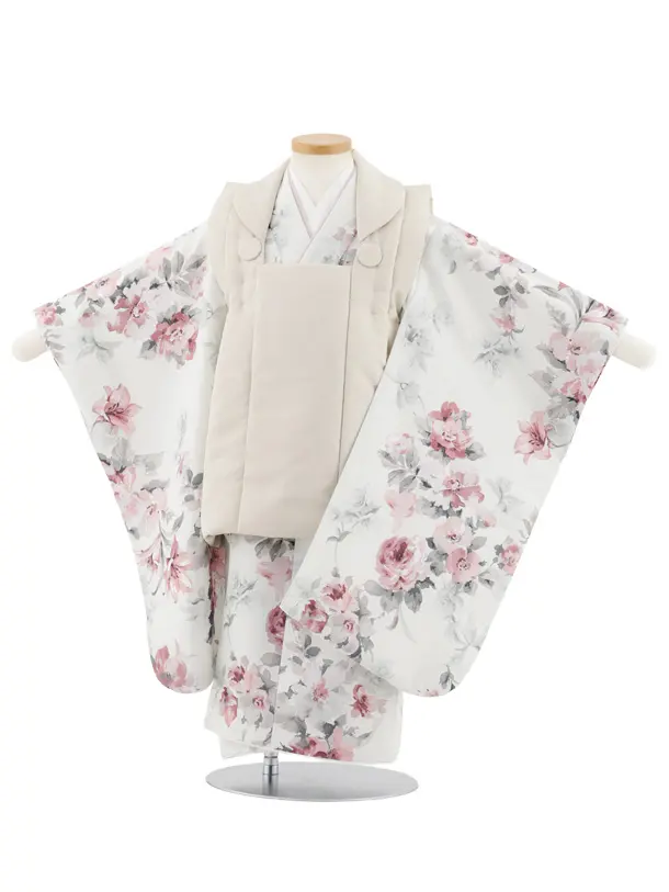 七五三レンタル(3歳女児被布)S106 ベージュ×薄グレー花