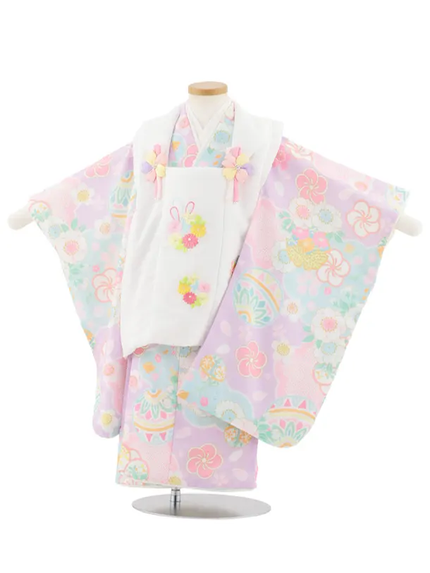 七五三(3歳女児被布)S111 式部浪漫 白花刺繍×パステルパープル 鞠と花
