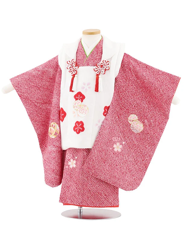 七五三レンタル(3歳女児被布)4699【正絹】白×赤絞り 金コマ刺繍