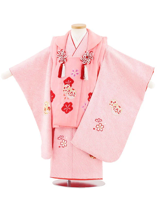 七五三(3歳女児被布)S124【正絹】ピンク刺繍赤まり×ピンク絞り刺繍まり