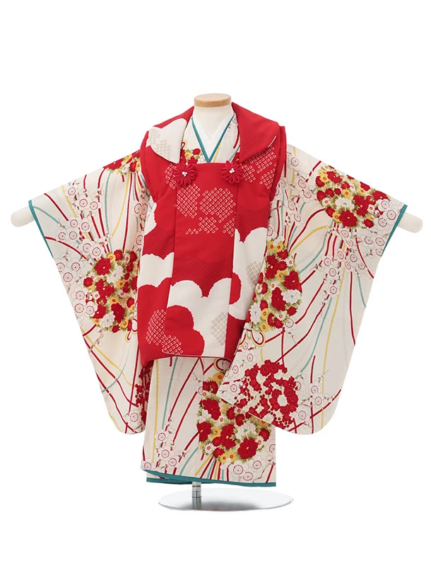 七五三レンタル(3歳女児被布)S072 赤刺繍 桜鞠×白地薬玉菊 | 着物