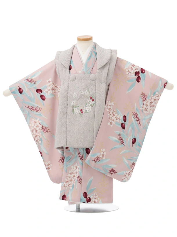 七五三(3歳女児被布)S339 ｸﾞﾚｰ 刺繍花丸×ｱｲｽﾋﾟﾝｸｵﾘｰﾌﾞ