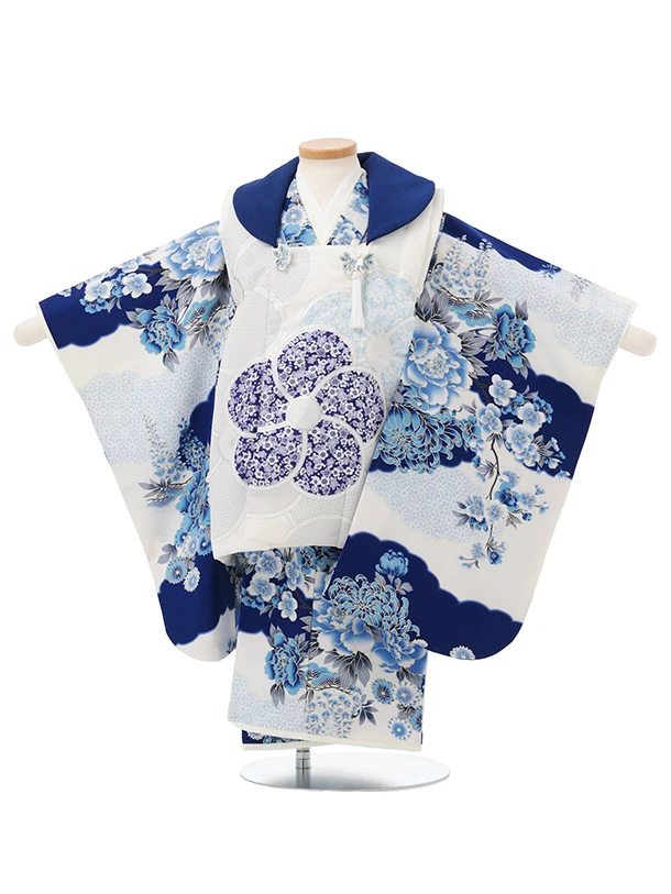 七五三(2,3歳女児被布)S347 JAPAN STYLE 白×青 ねじり梅に花