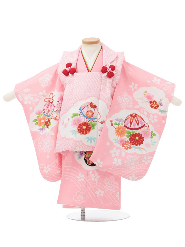 七五三レンタル(2歳女児被布)S349 ピンク鹿の子柄 鞠×ピンク雲取り花車