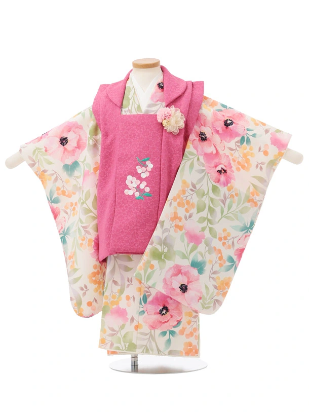 七五三(3歳被布)S355 花わらべ ピンク× オフ白 カラフルフラワー