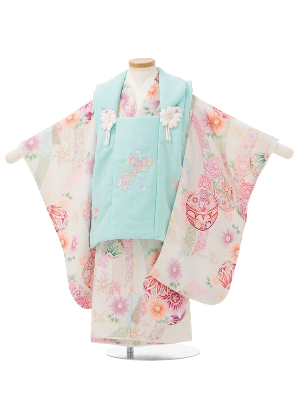 七五三レンタル(3歳被布)S360 水色 刺繍花熨斗×クリーム熨斗に鞠菊