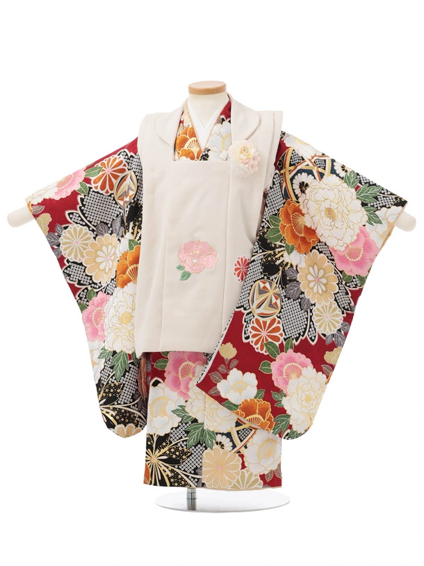 七五三レンタル(3歳被布)S373 ベージュ刺繍花×赤地花
