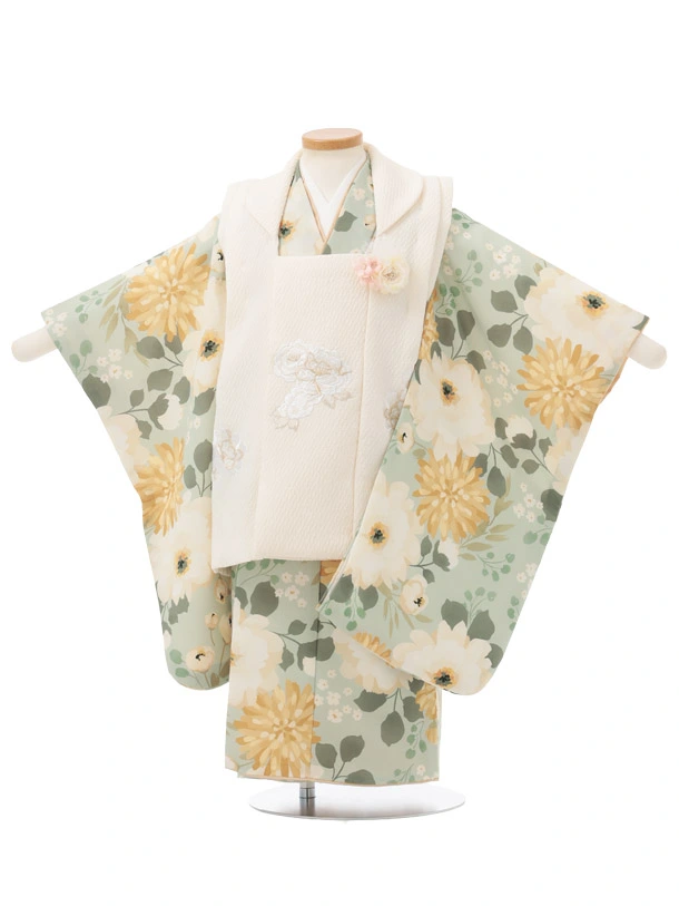 七五三(3歳被布)S377 クリーム刺繍花×ペールグリーン花