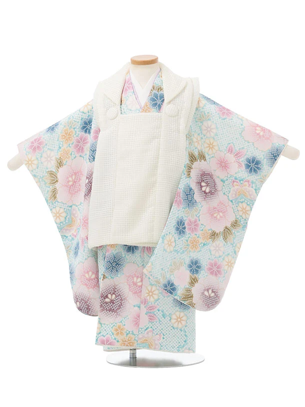 七五三レンタル(3歳被布)S378 オフホワイト×水色疋田柄花 | 着物