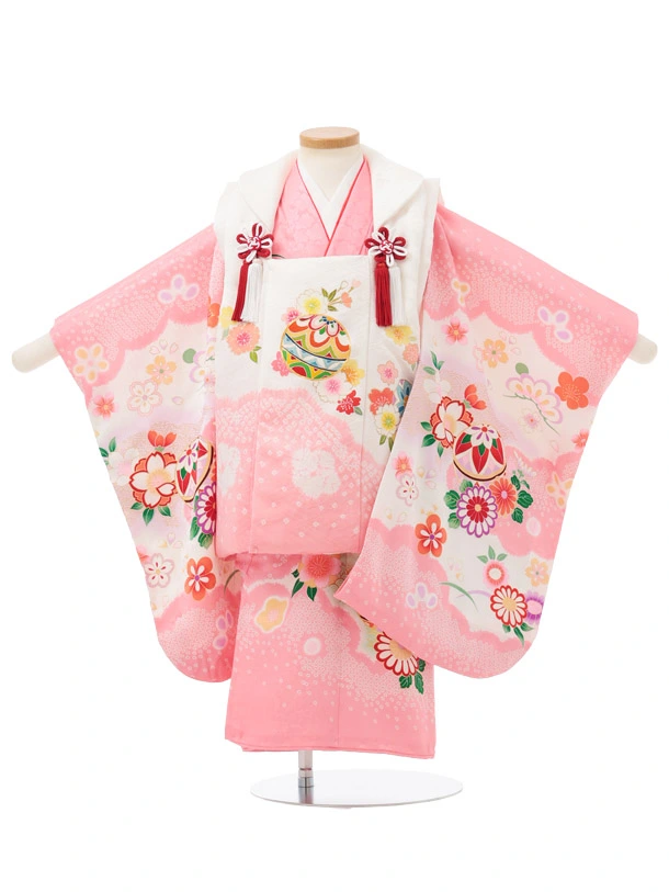 七五三レンタル(3歳被布)S442 【正絹】白 × ピンク まりに花