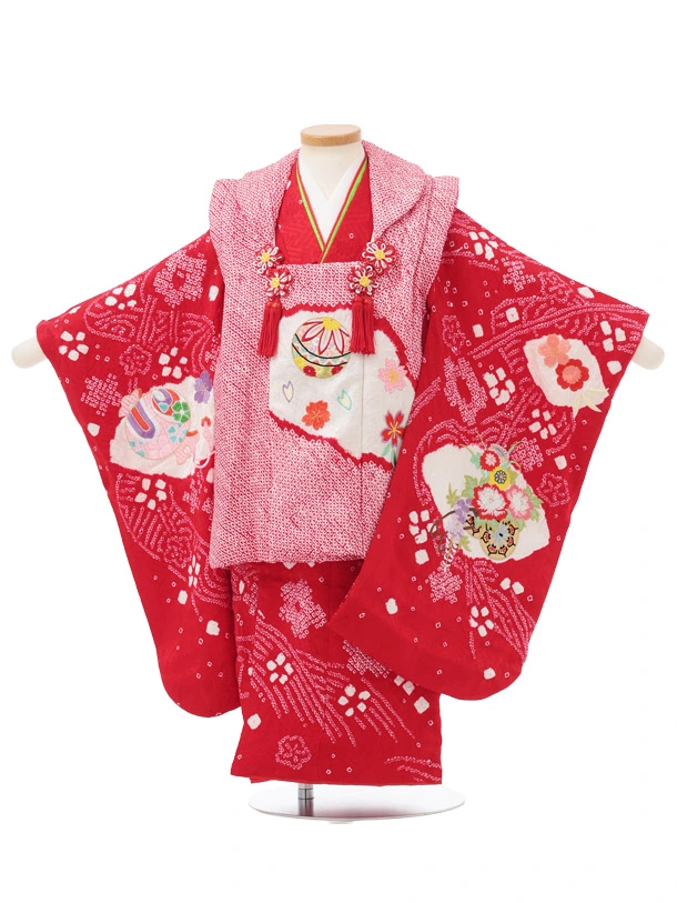 七五三レンタル(3歳被布)S445 【正絹】赤地 刺繍まり 花車