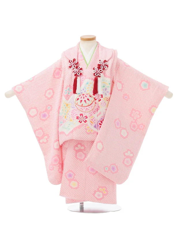 七五三レンタル(3歳被布)S449 【高級正絹】ピンク絞りに束ね熨斗鞠
