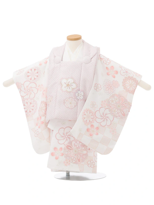 七五三レンタル(2歳女被布)S456 ピンク×白地ピンクねじり梅