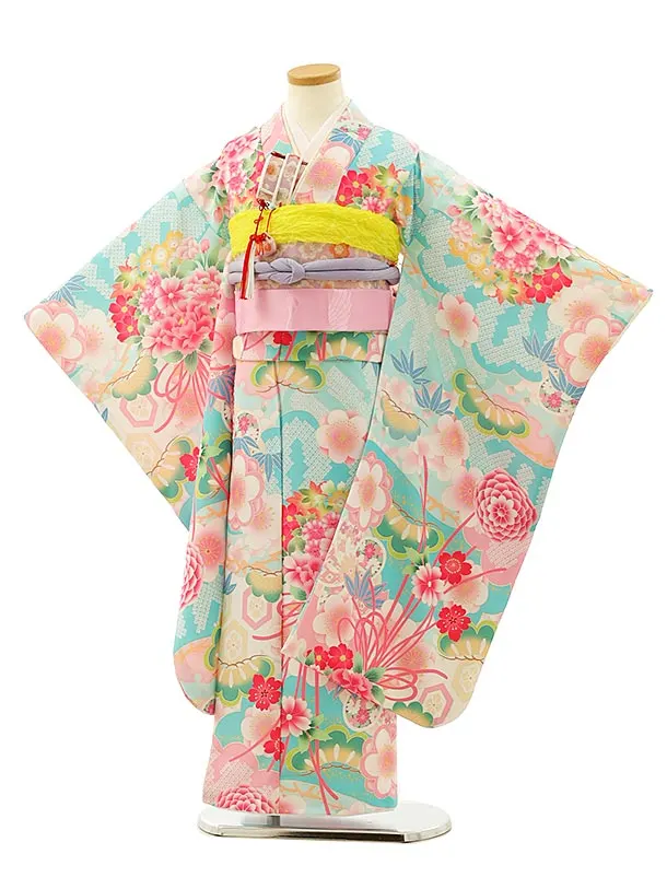 七五三(7歳結び帯)Y516 水色 裾ピンク 辻が花調 | 着物レンタル