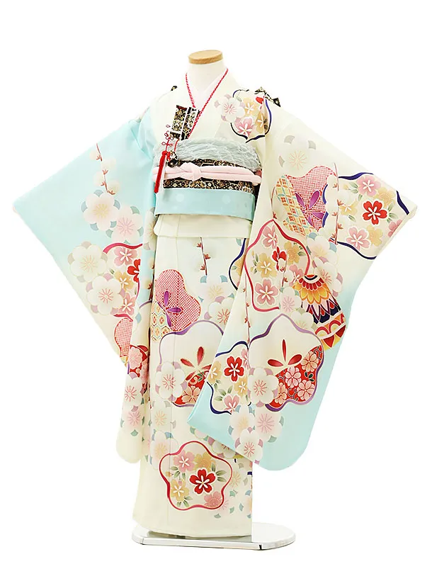 七五三レンタル(7歳女結び帯)Y073　クリーム地 梅まり桜