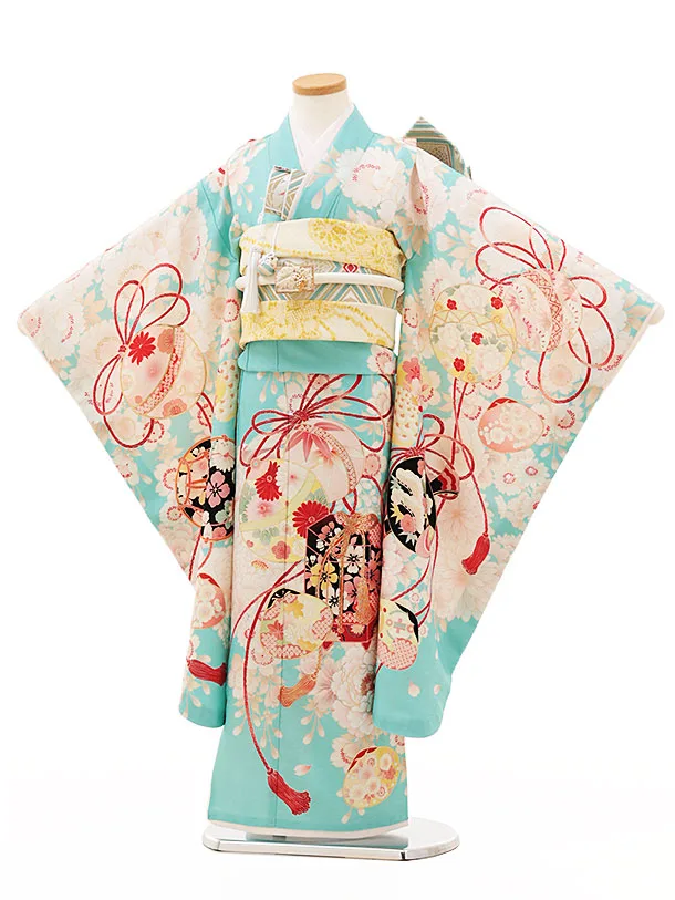 七五三に★正絹　グリーンと水色の七歳着物、作り帯セット　枝垂れ桜 七五三に☆正絹 グリーンと水色の七歳着物、作り帯セット