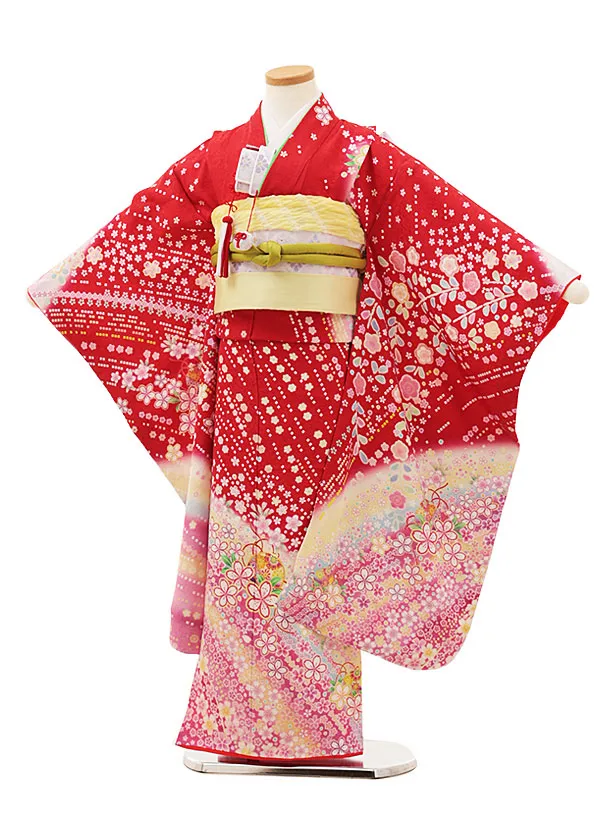 七五三　7歳着物帯 七五三(7歳結び帯)Y288 白地 裾赤 四季花 | 着物レンタルの京都