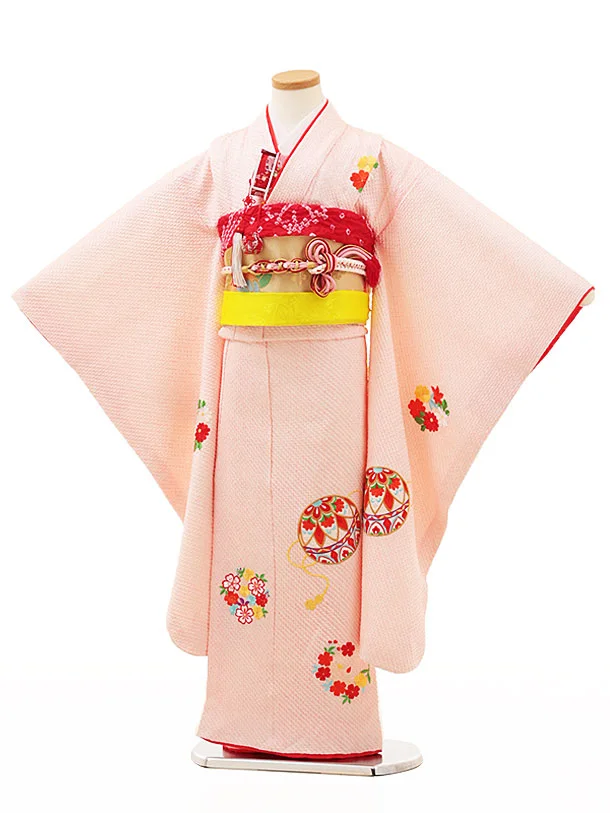 七五三(7歳女の子袋帯)Y191【高級正絹】ピンク絞り 刺繍 まり 花