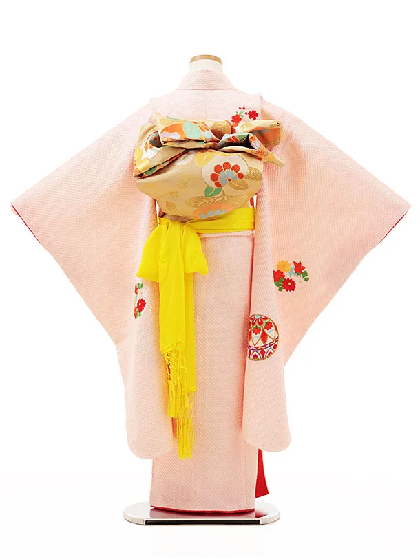 七五三(7歳女の子袋帯)Y191【高級正絹】ピンク絞り 刺繍 まり 花