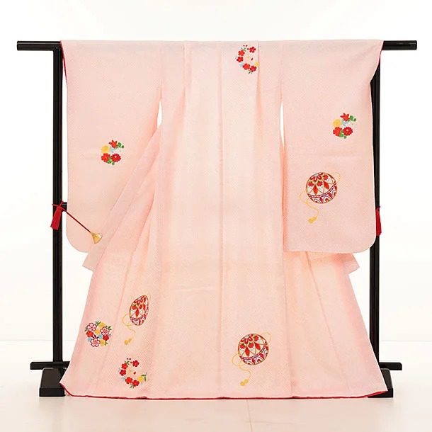七五三(7歳女の子袋帯)Y191【高級正絹】ピンク絞り 刺繍 まり 花