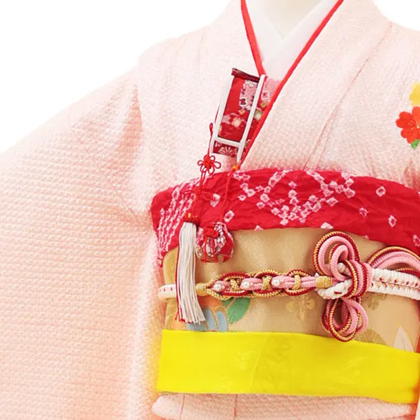 七五三(7歳女の子袋帯)Y191【高級正絹】ピンク絞り 刺繍 まり 花