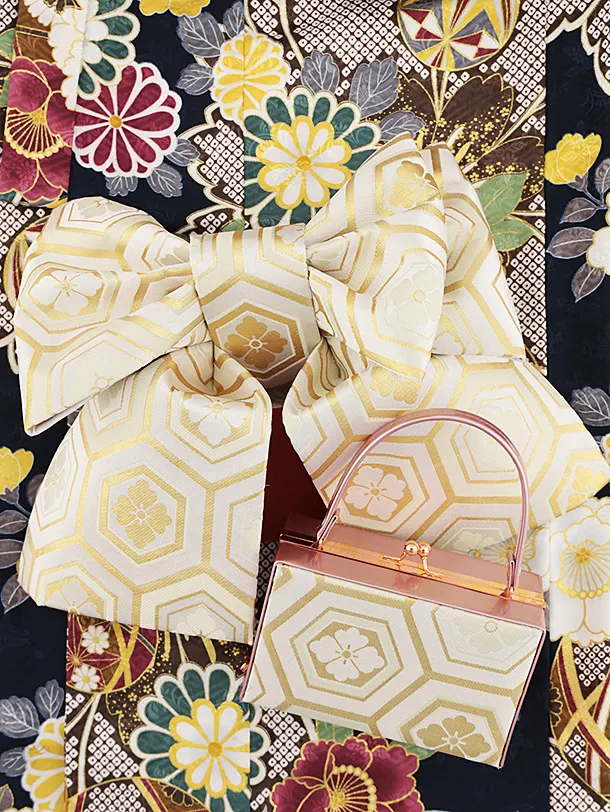 七五三 帯　7点セット 花柄 金色 七五三(7歳結び帯)Y258 花わらべ 紺古典柄 | 着物レンタルの京都