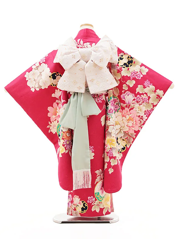 白地に花模様の着物とピンク系作り帯セット☆七五三ハーフ成人式 白地に花模様の着物とピンク系作り帯セット☆七五三ハーフ成人