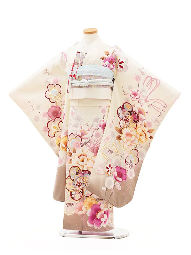 七五三(7歳結び帯)Y288 白地 裾赤 四季花 | 着物レンタルの京都