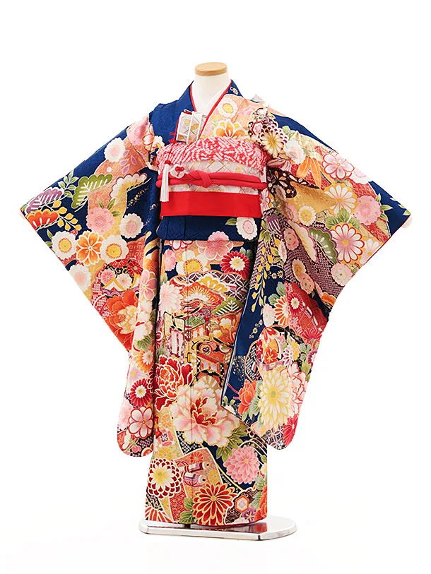 753レンタル(7歳女結び帯)7140 青しぼり柄 | 着物レンタルの京都