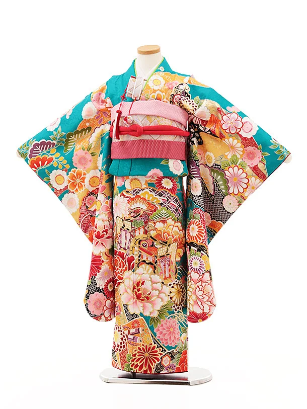 七五三(7歳結び帯)Y358【正絹】ターコイズ地 御所車 花づくし