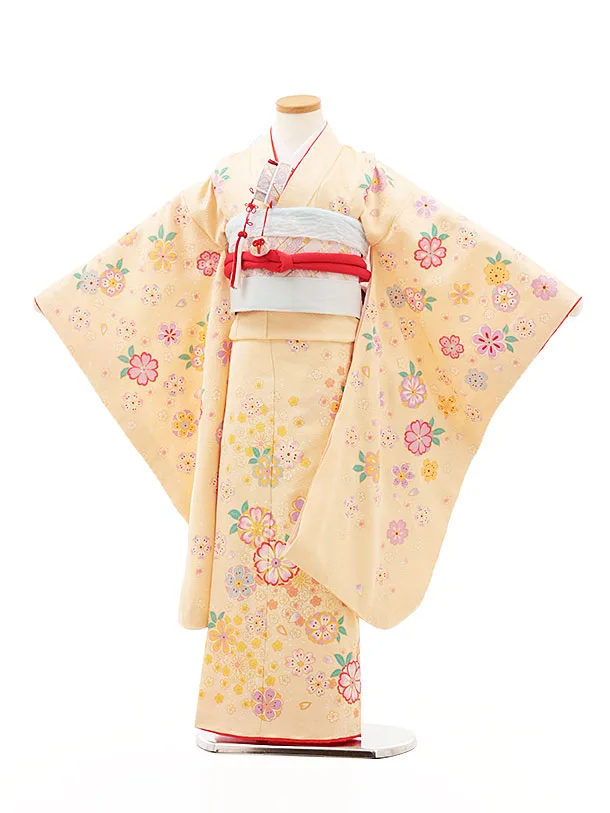 七五三七歳‼豪華黄色赤地可愛い❤️手毬桜金彩金箔煌びやか際立つ‼️完全フルセット絢爛 七五三(7歳結び帯)Y622【正絹】薄黄色 鞠に梅桜 | 着物レンタル