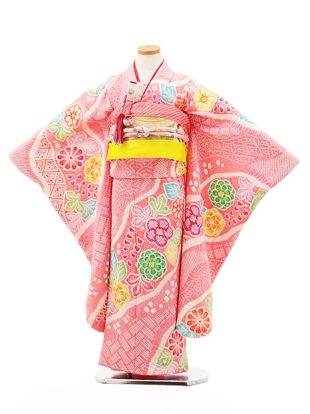 七五三(7歳袋帯)Y373【高級正絹】ピンク地 絞り 波に花 | 着物