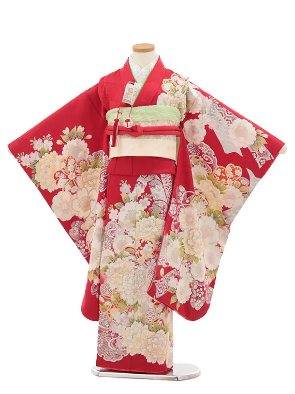 七五三(7歳結び帯)Y429【正絹】赤地 銀彩 牡丹