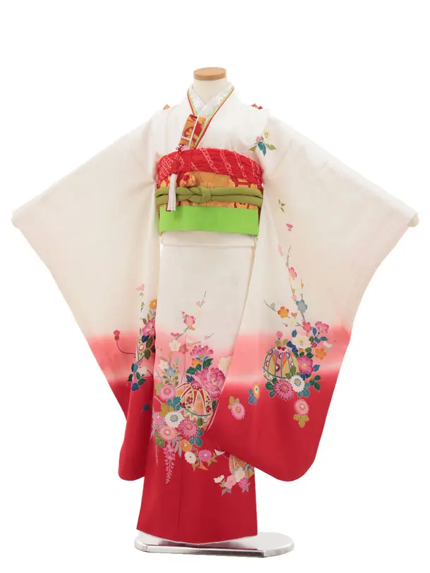 七五三(7歳結び帯)Y440【正絹】白地裾赤 鞠 四季花
