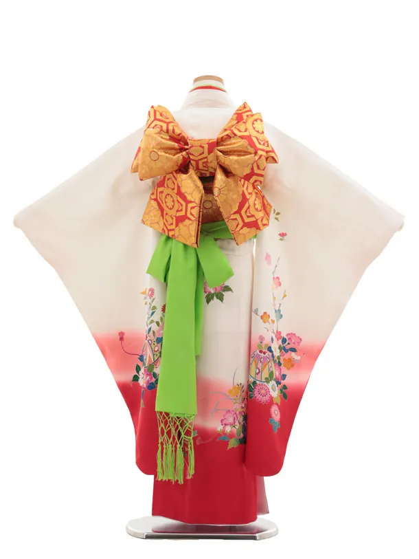 七五三(7歳結び帯)Y440【正絹】白地裾赤 鞠 四季花 | 着物