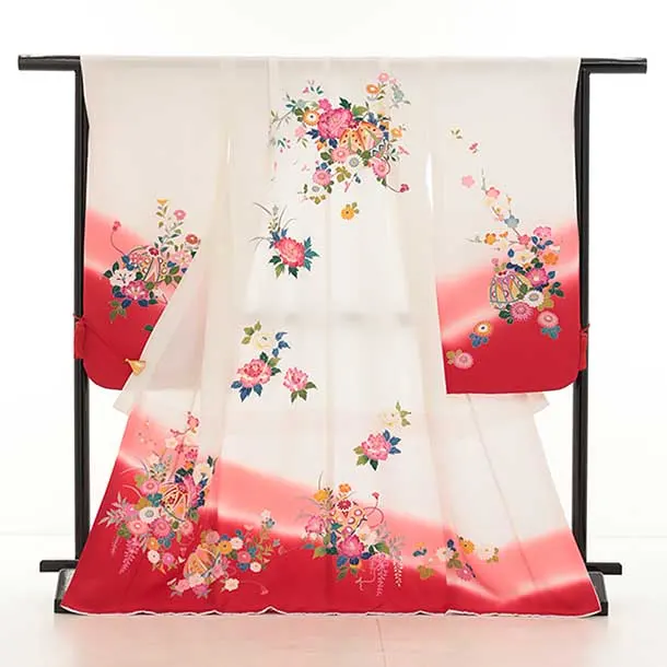 七五三(7歳結び帯)Y440【正絹】白地裾赤 鞠 四季花 | 着物