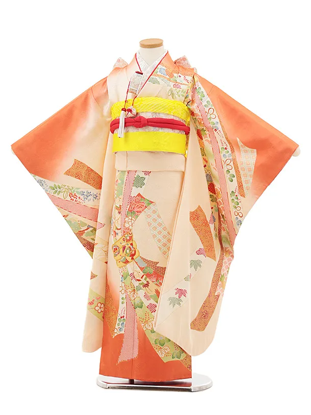 七五三(7歳女結び帯)7635 ﾁｬｲﾙﾄﾞｰﾙ ｵﾚﾝｼﾞ ﾀﾞﾝｶﾞﾘｰ花 | 着物