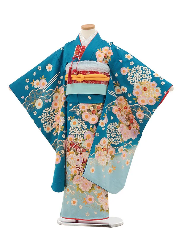 七五三(7歳結び帯)Y448【正絹】ブルーぼかし 鞠 四季花