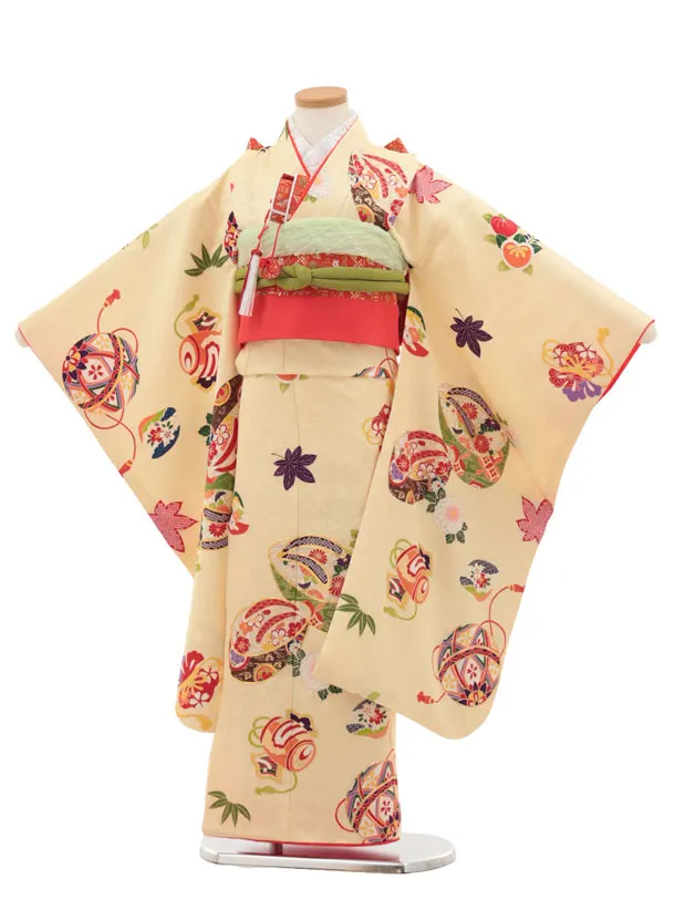 七五三(7歳結び帯)Y464【正絹】薄黄色 宝尽し